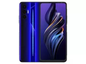 The TECNO POVA 3 smartphone in Electric Blue color.