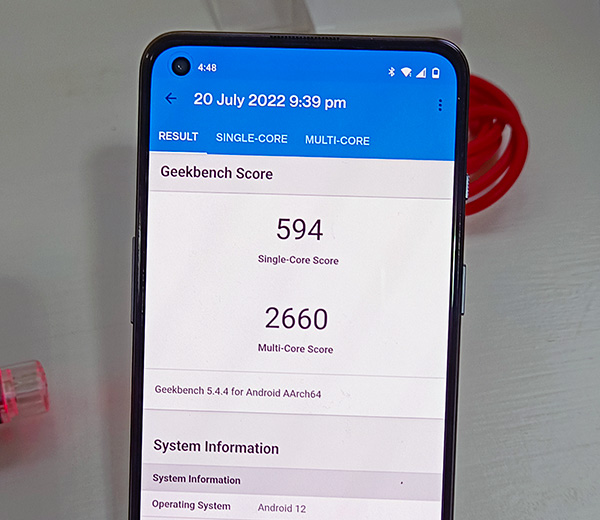 GeekBench score of the OnePlus Nord 2T.