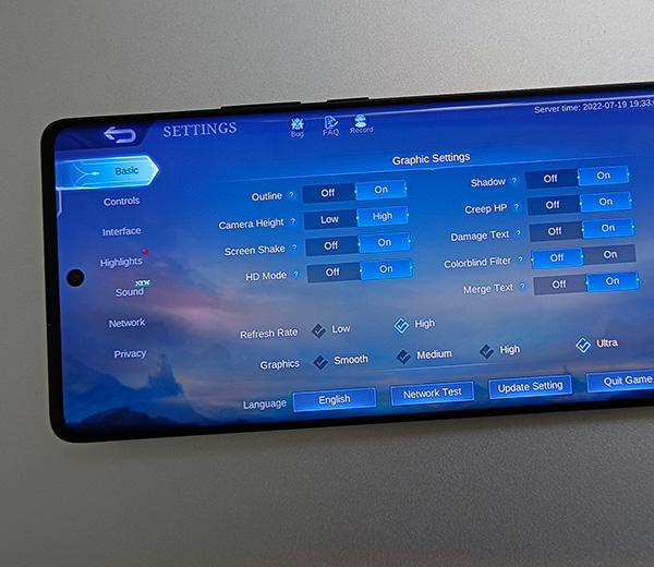 Graphics settings of Mobile Legends on the vivo X80 Pro.