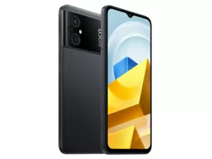 The POCO M5 smartphone in black.