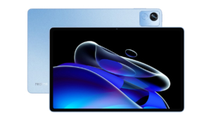 The realme Pad X tablet in Glacier Blue color.