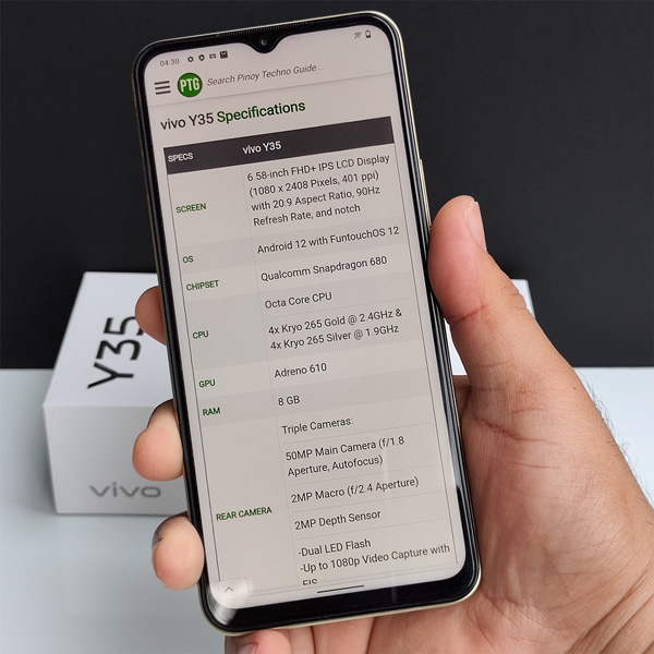 vivo Y35 specs on PTG