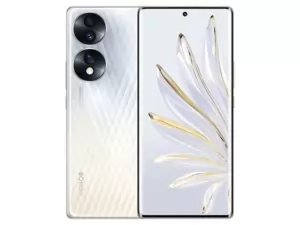 The HONOR 70 5G smartphone in Crystal Silver color.