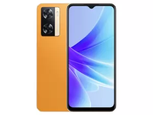The OPPO A77s smartphone in Sunset Orange color.