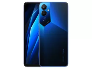 The TECNO POVA 4 smartphone in Fluorite Blue color.