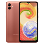 The Samsung Galaxy A04 smartphone in Orange Copper color.