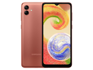 The Samsung Galaxy A04 smartphone in Orange Copper color.