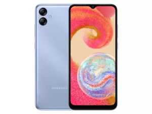 The Samsung Galaxy A04e smartphone in Light Blue color.