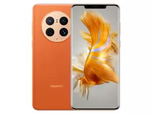 The Huawei Mate 50 Pro smartphone in orange.