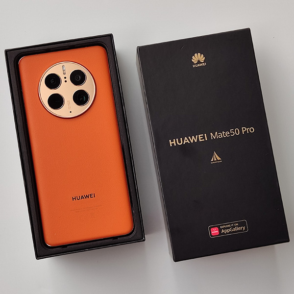 The Huawei Mate 50 Pro in its box.