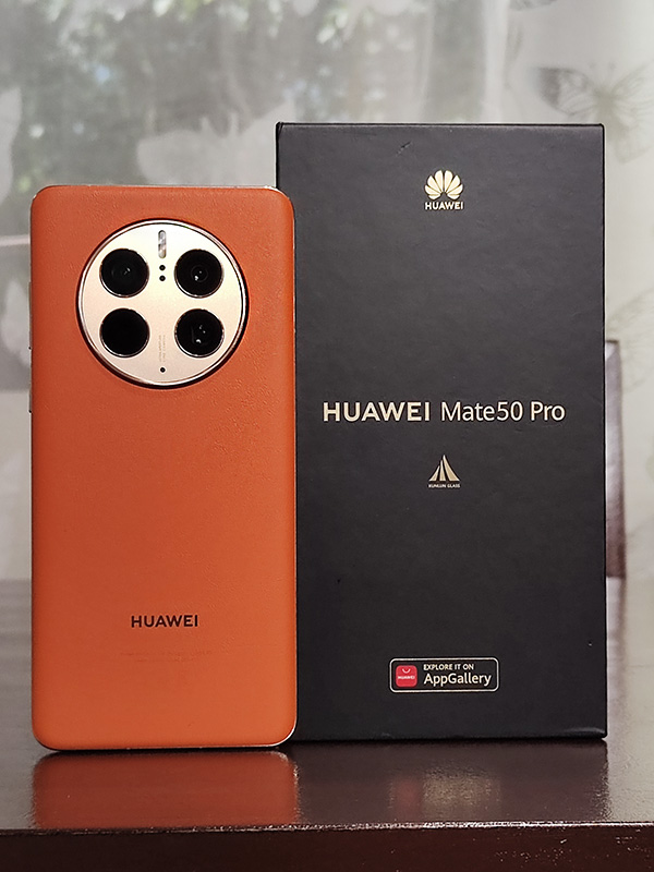 The Huawei Mate 50 Pro with its box.