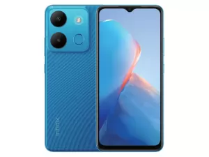 The Infinix Smart 7 smartphone in Peacock Blue color.