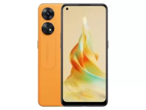 The OPPO Reno8 T smartphone in Sunset Orange color.