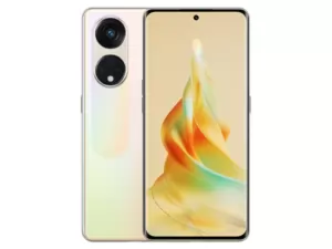 The OPPO Reno8 T 5G smartphone in Sunrise Gold colorway.