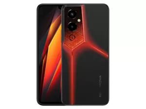 The TECNO POVA 4 Pro smartphone in Fluorite Orange color.