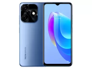 The TECNO Spark 10C smartphone in blue.