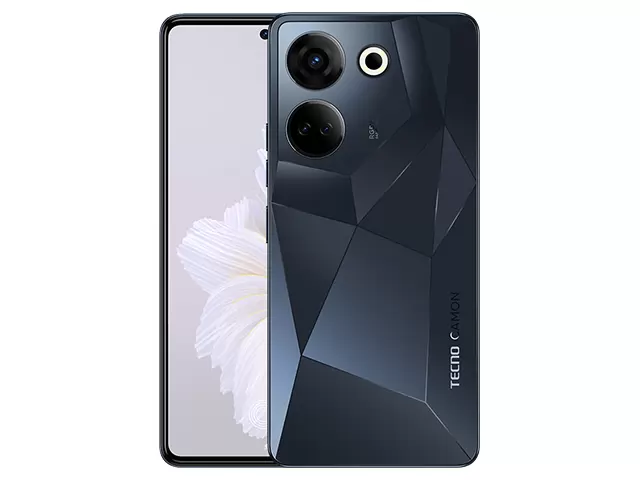 The TECNO CAMON 20 Pro smartphone in Predawn Black color.