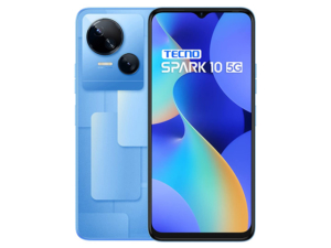 The TECNO Spark 10 5G smartphone in Meta Blue color.