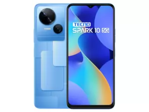 The TECNO SPARK 10 5G smartphone in Meta Blue color.