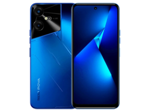 The TECNO POVA Neo 3 smartphone in Hurricane Blue color.