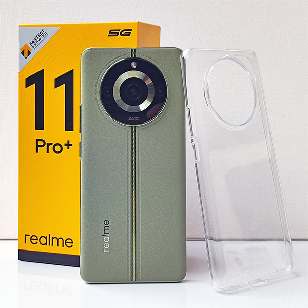 The realme 11 Pro+ 5G box and free phone case.