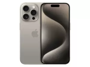 The iPhone 15 Pro smartphone in Natural Titanium color.