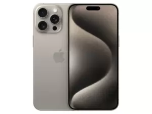 The iPhone 15 Pro Max smartphone in Natural Titanium color.