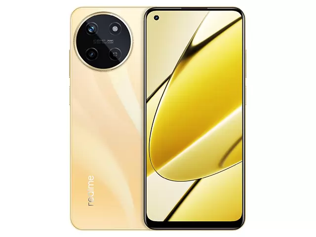 The realme 11 smartphone in Glory Gold color.