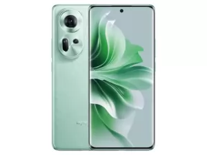 The OPPO Reno11 5G smartphone in Wave Green color.