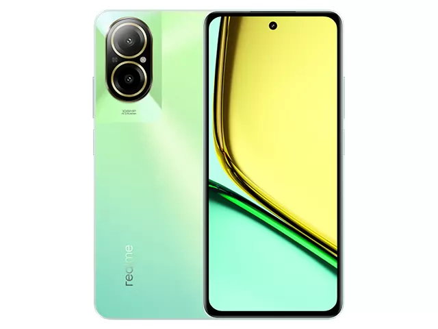 The realme C67 smartphone in Sunny Oasis color.