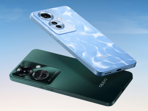 The OPPO Reno11 F 5G in Ocean Blue and Palm Green colors.