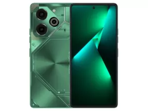 The TECNO POVA 6 Pro 5G smartphone in Comet Green color.
