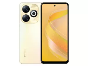 The Infinix SMART 8 Pro smartphone in gold color.