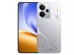 The realme 14 5G smartphone in Mecha Silver color.
