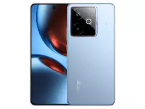 The realme GT 7T smartphone in IceSense Blue color.