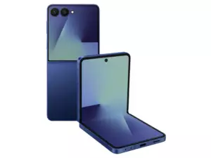 The SAMSUNG Galaxy Z Flip7 smartphone in Blue Shadow color.