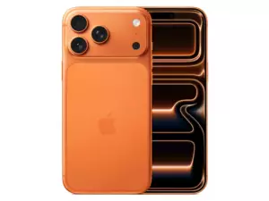 The iPhone 17 Pro Max smartphone in Cosmic Orange color.