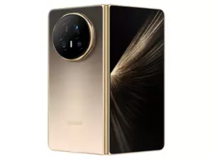 The HONOR Magic V5 foldable smartphone in Dawn Gold color.