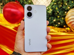 The vivo V60 Lite smartphone in Titanium Blue color.