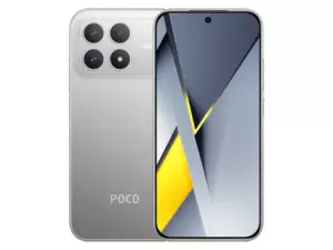 The POCO F8 Pro smartphone in Titanium Silver color.